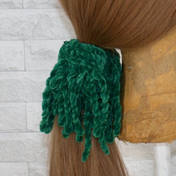 HAND CRAFTED Hair Scrunchie Fringe Crochet Kids Chenille Velvet Oversized Green - Picture 5 of 12